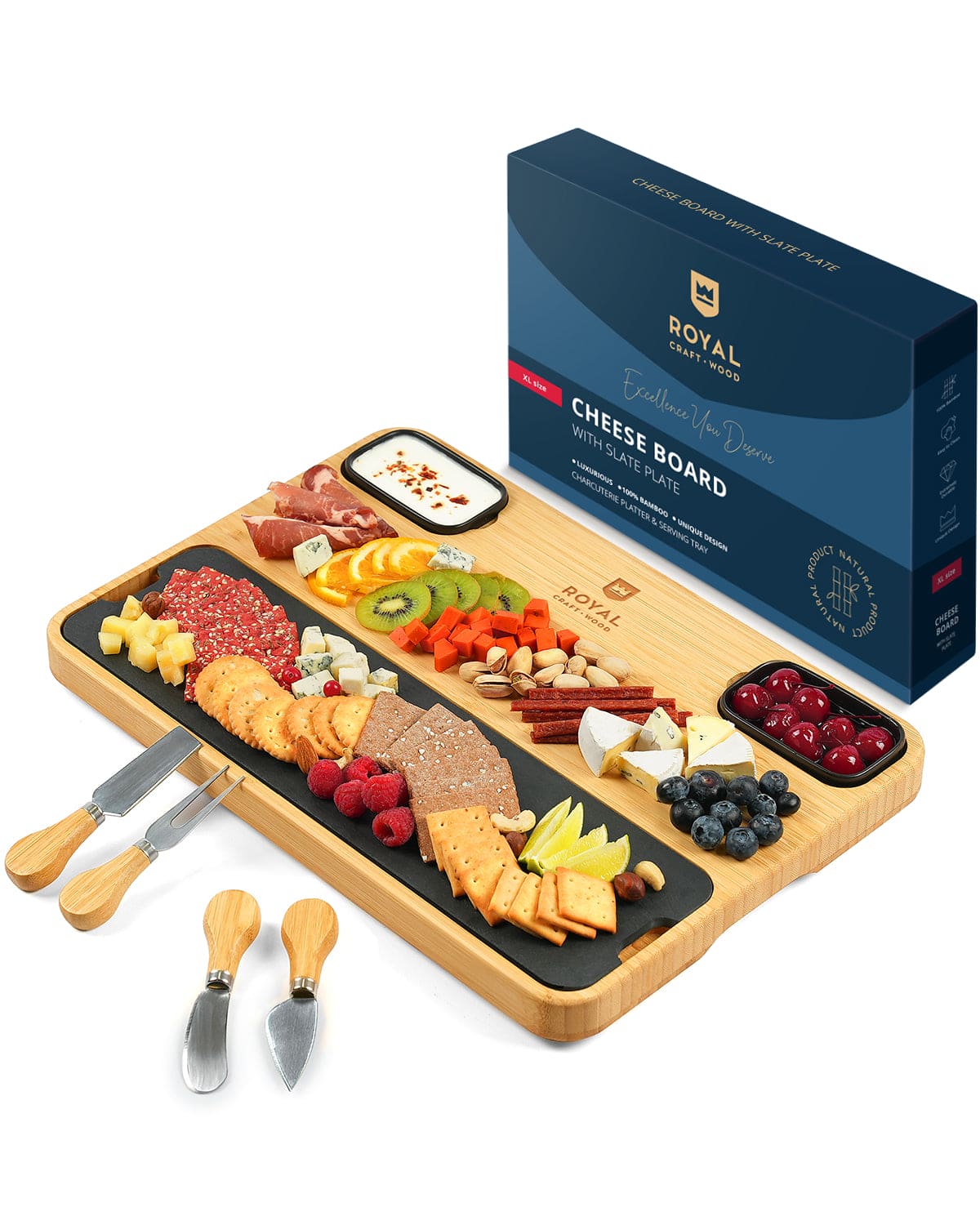 Elegant cheese board with slate plate and 4 piece cutlery set. Perfect for entertaining. Premium quality serving platter for charcuterie, appetizers & wine nights. Shop now.