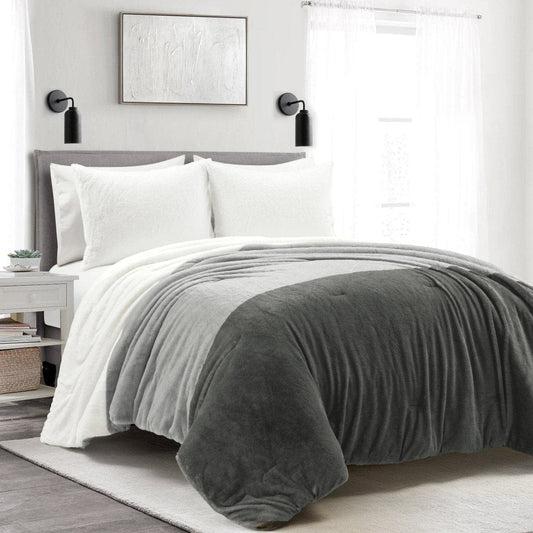 Farmhouse Faux Fur Comforter Set - Ultra Soft Color Block Bedding, shades of gray | LushDecor