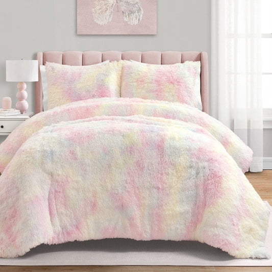 Ultra-soft rainbow faux fur comforter set by LushDecor. Vibrant, playful design with comforter & shams. Machine washable luxury. Perfect for kids & teens.