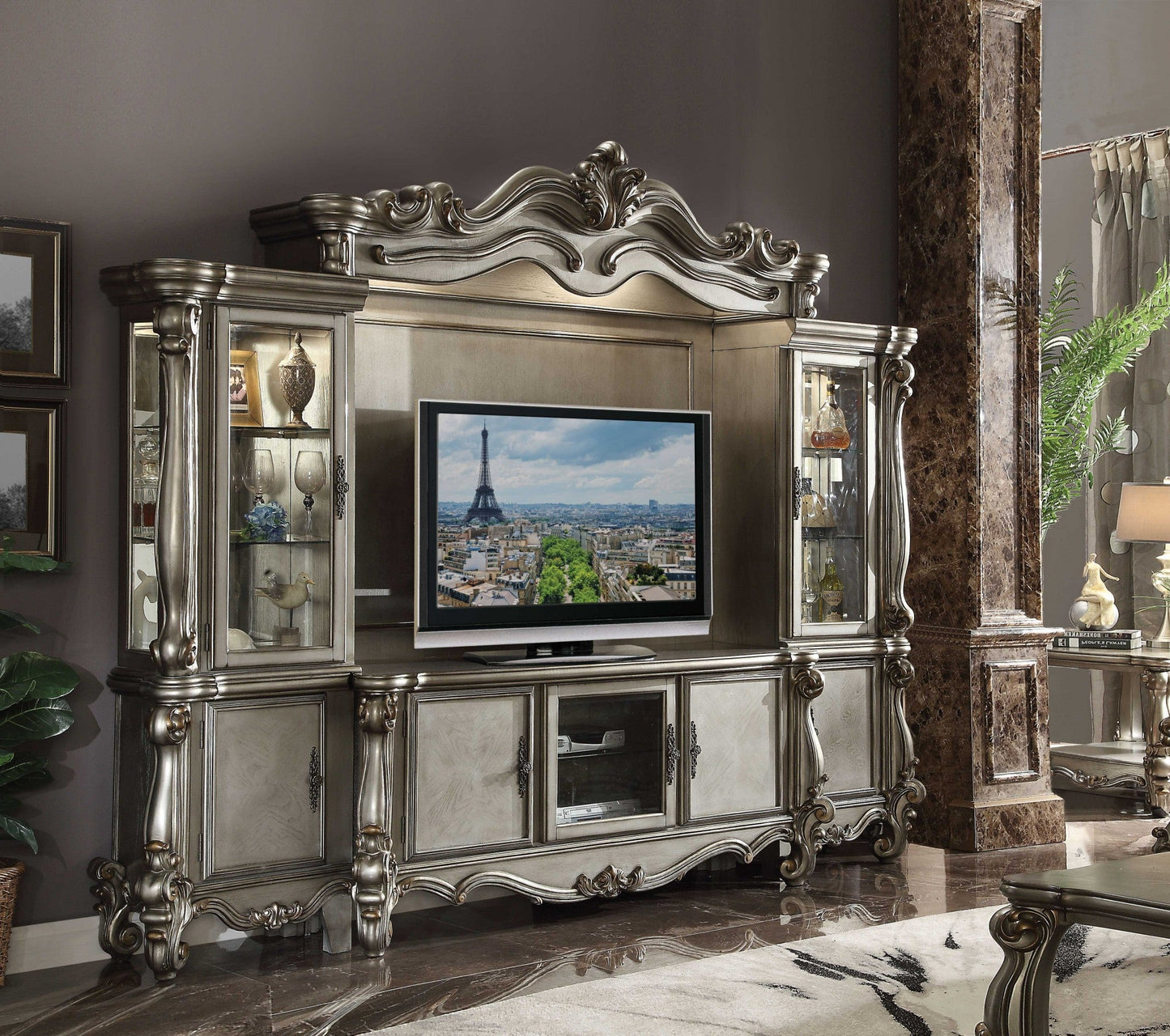 118″ European-Style Solid Wood Entertainment Center, Antique Platinum Finish