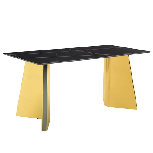 Black Marble-Patterned Slab Dining Table with Golden Stainless Steel