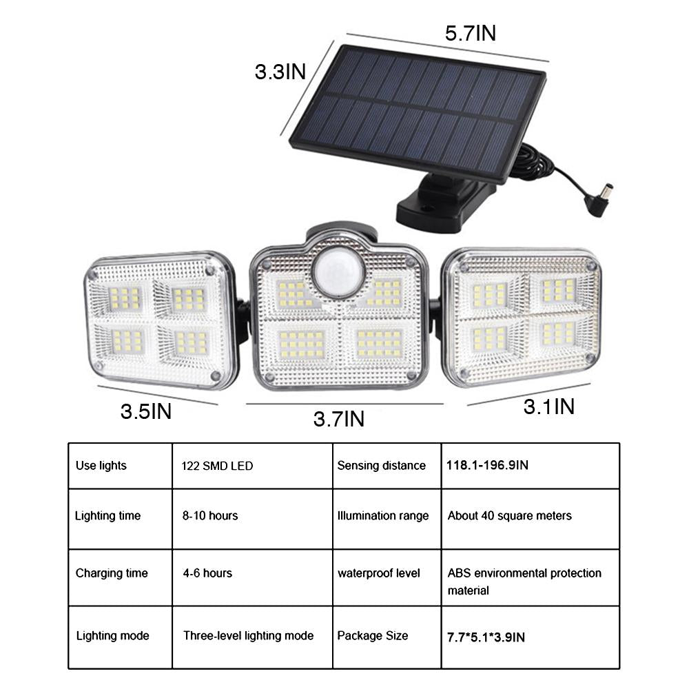 Solar Sensor Light 122 LED 3-Head Outdoor Spotlight with 3 Modes