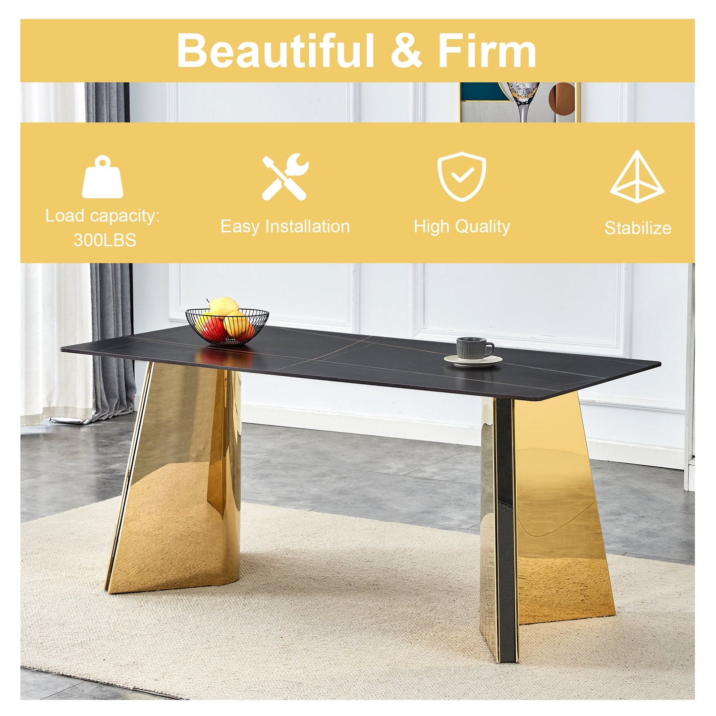 Black Marble-Patterned Slab Dining Table with Golden Stainless Steel