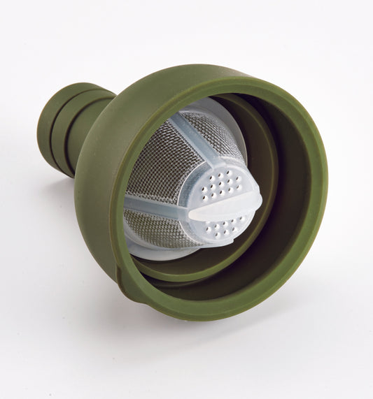 Green silicone tea infuser with mesh basket on a white background