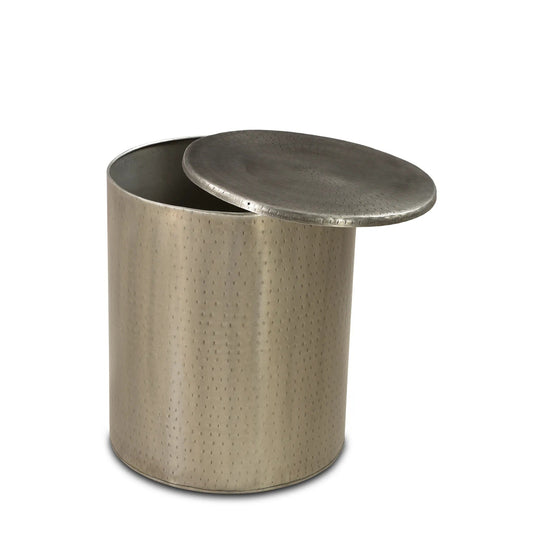 Metallic cylindrical container with a lid on a white background, storage