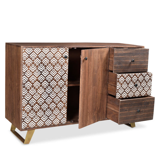 Wooden sideboard with patterned doors and drawers on a white background