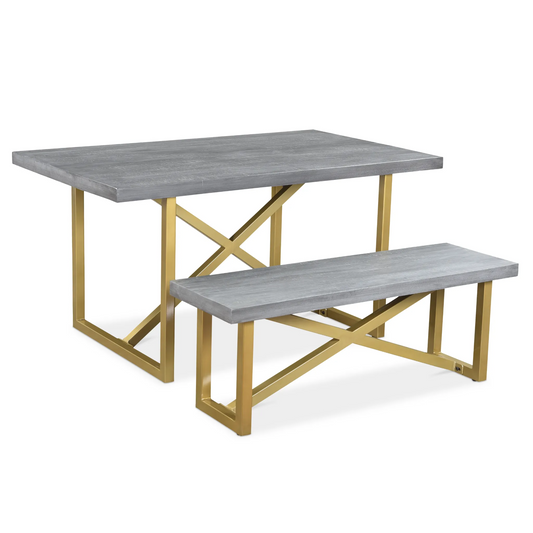 Gray mango wood table and bench set with gold metal frame on a white background