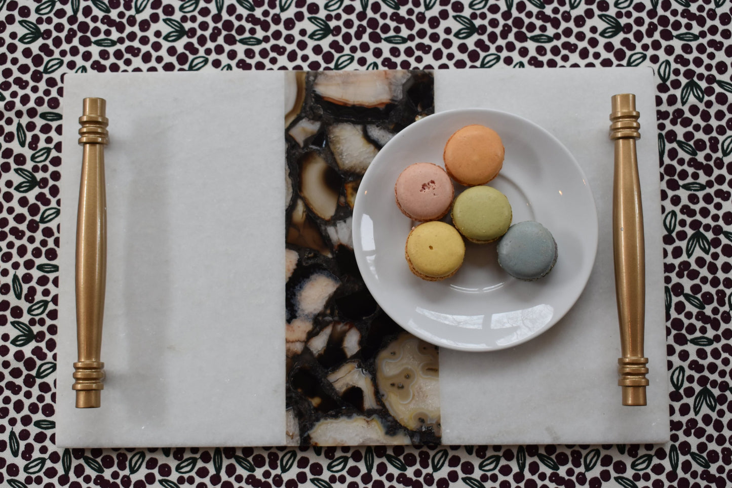 Elegant 16x10 marble serving tray with agate inlay and gold handles. Perfect for entertaining, dinner parties, and as a statement piece for your home decor.