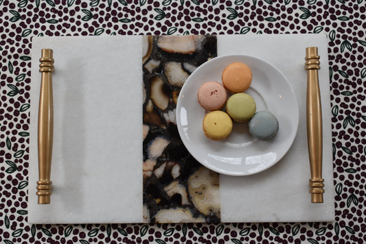 Elegant 16x10 marble serving tray with agate inlay and gold handles. Perfect for entertaining, dinner parties, and as a statement piece for your home decor.