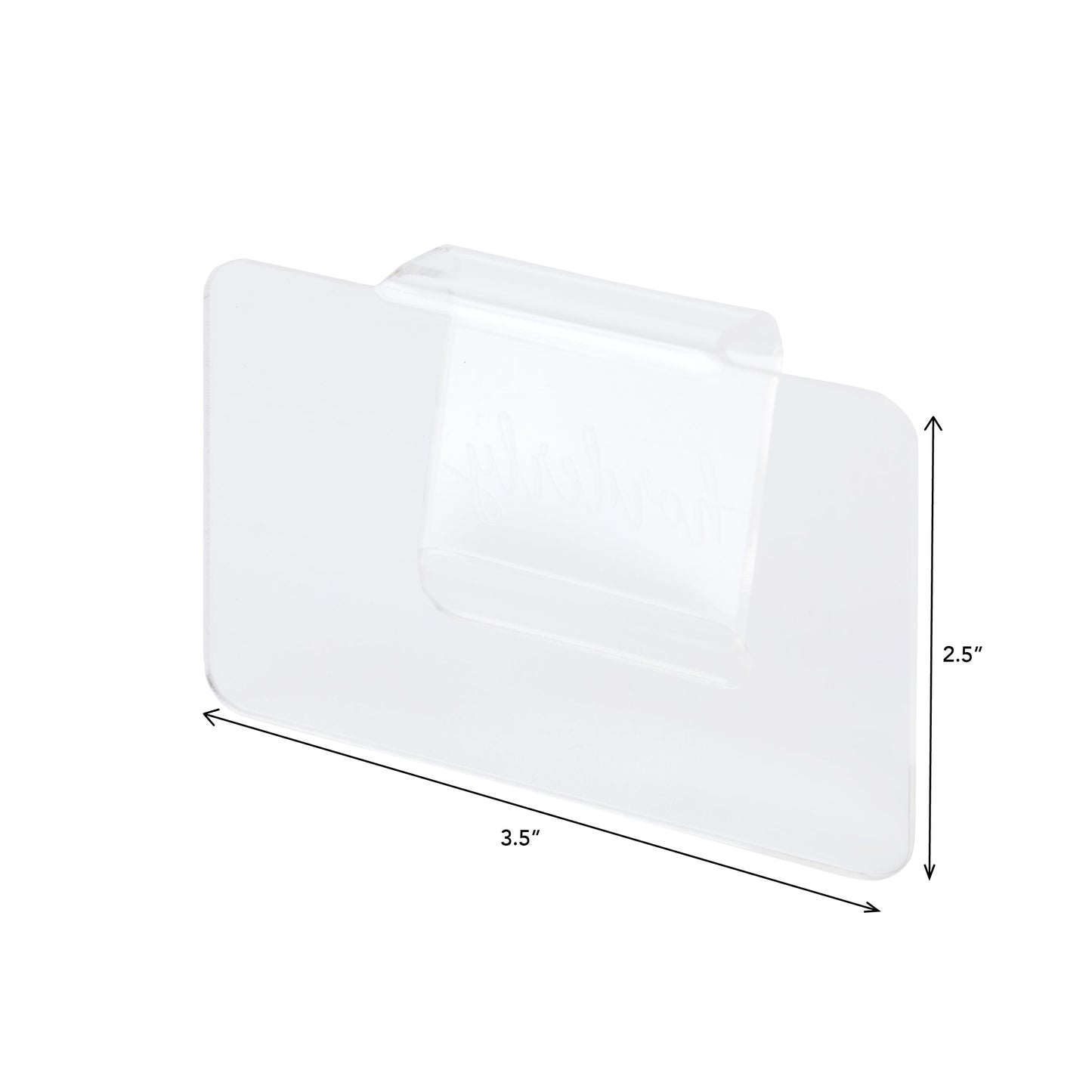 White rectangular objects with dimensions labeled on a white background. Clear Acrylic Bin Clip Labels - Organization Labels for Bins & Baskets by Horderly