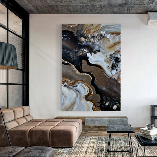 Modern living room with a large abstract painting on the wall, brown sofa, and coffee table.