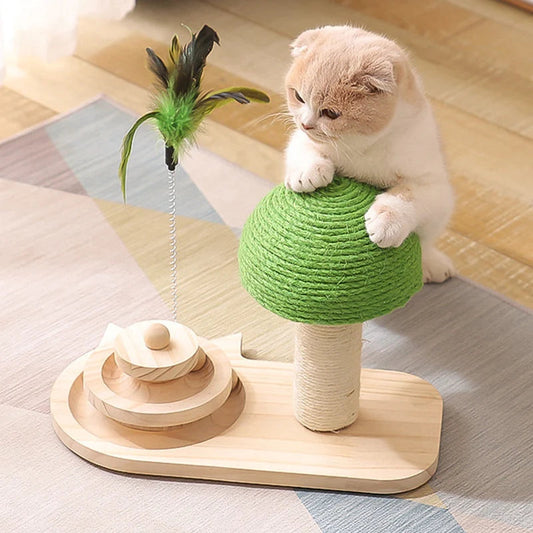 Cat Scratching Post Tree with Toy - Natural Wood