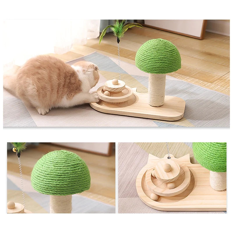 Cat Scratching Post Tree with Toy - Natural Wood - Green