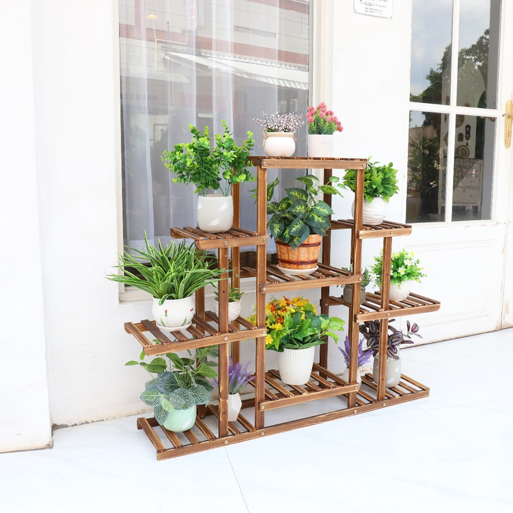 Indoor 9 Tier Wooden Plant Home Decor Stand - Green Thumb Solution - Multi-Shelf
