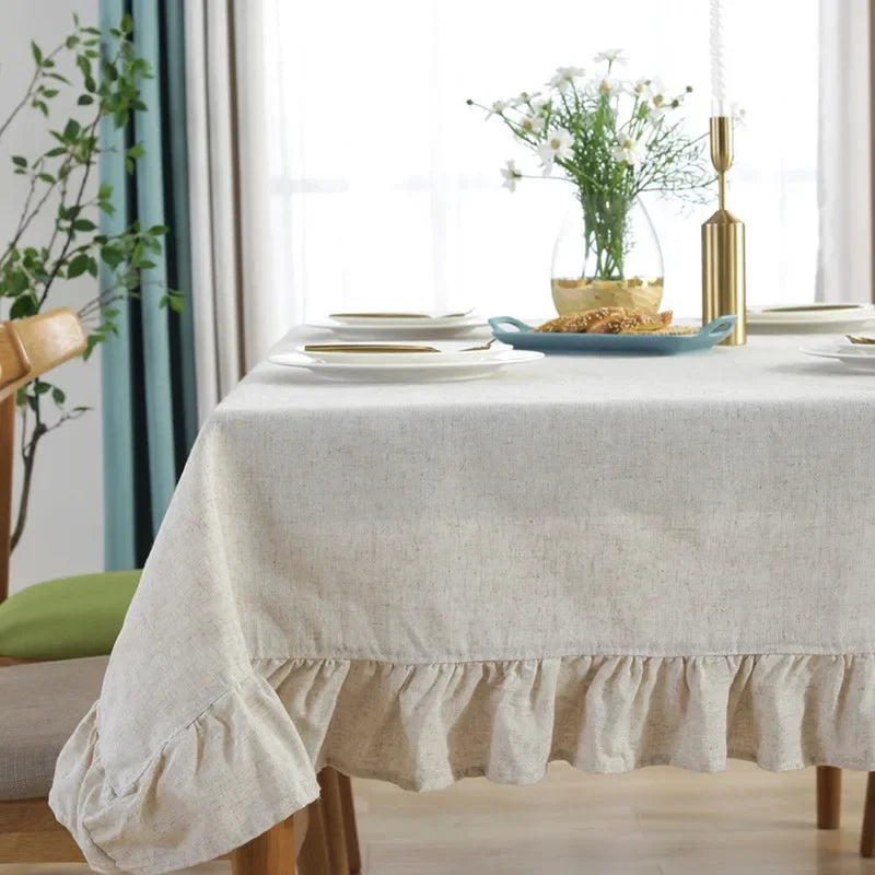 Cotton Linen Ruffled Tablecloth for Wedding Home Party Dining Banquet Decoration Flax Fabric Table Cloth Luxurious Table Cover
