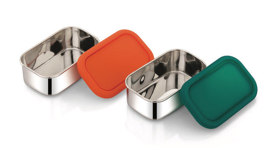 Stainless Steel Snack Rectangle Container Set (Two) for Veggies, Fruit, Chips, Dips and more