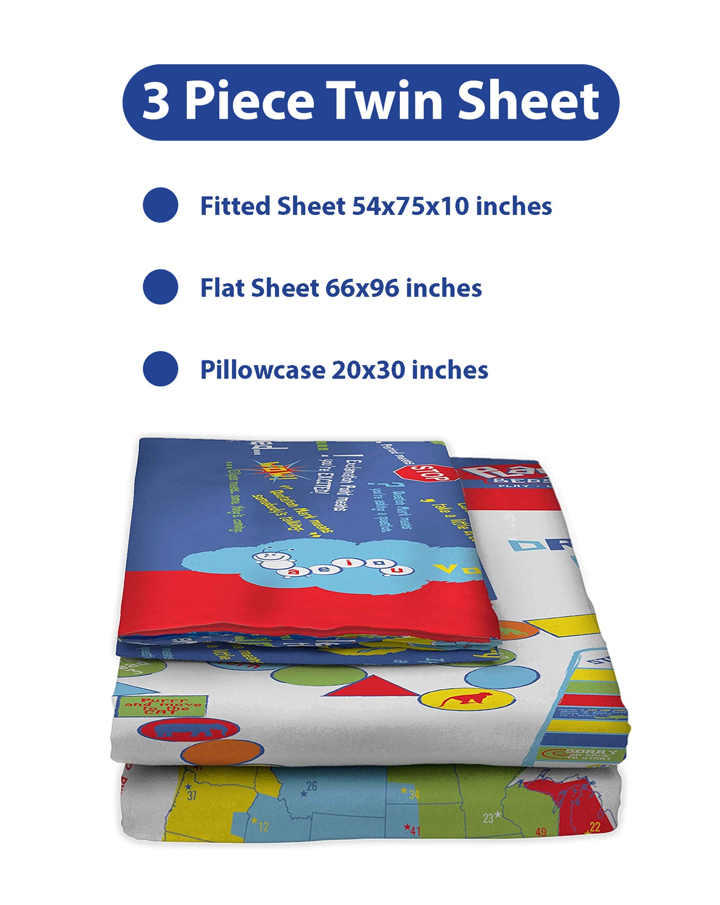 Playtime Bed Sheets Twin 65 Fun Interactive Games & Puzzles. Blue