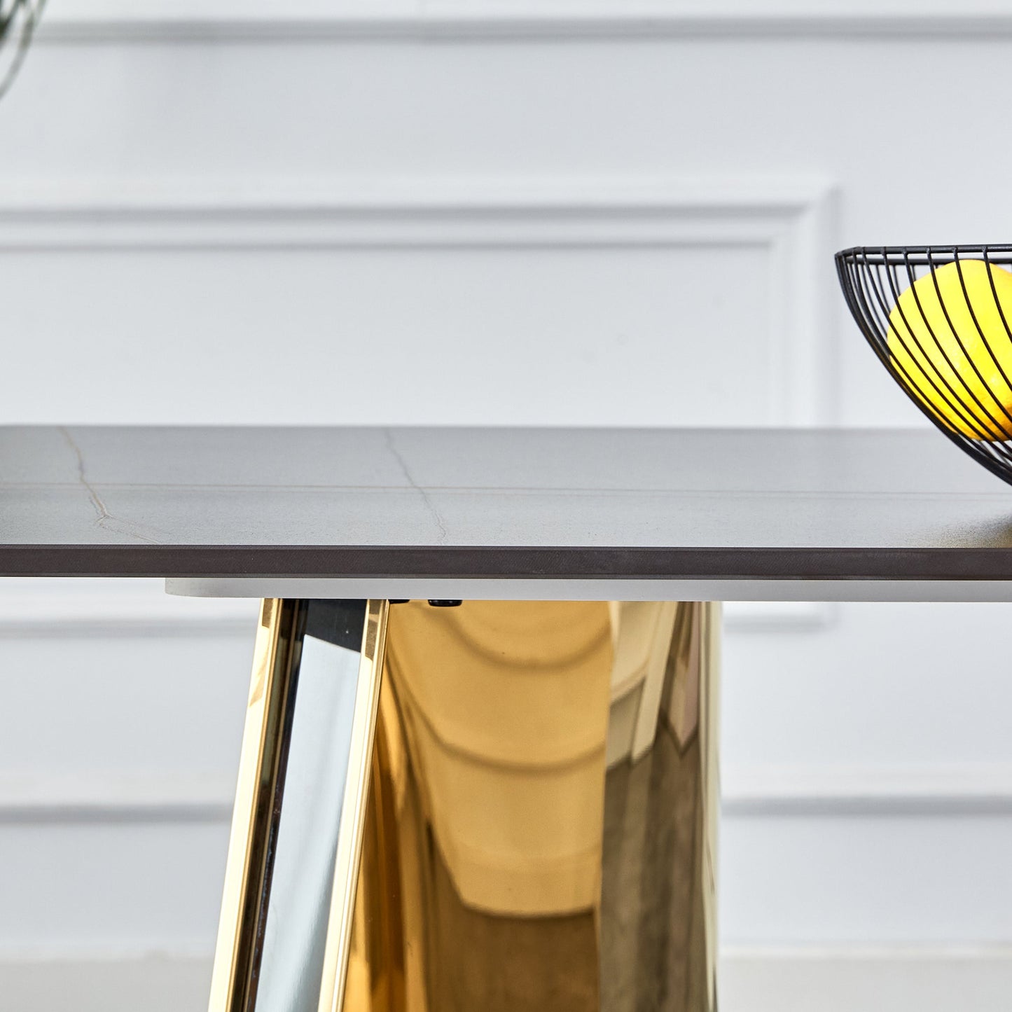 Black Marble-Patterned Slab Dining Table with Golden Stainless Steel