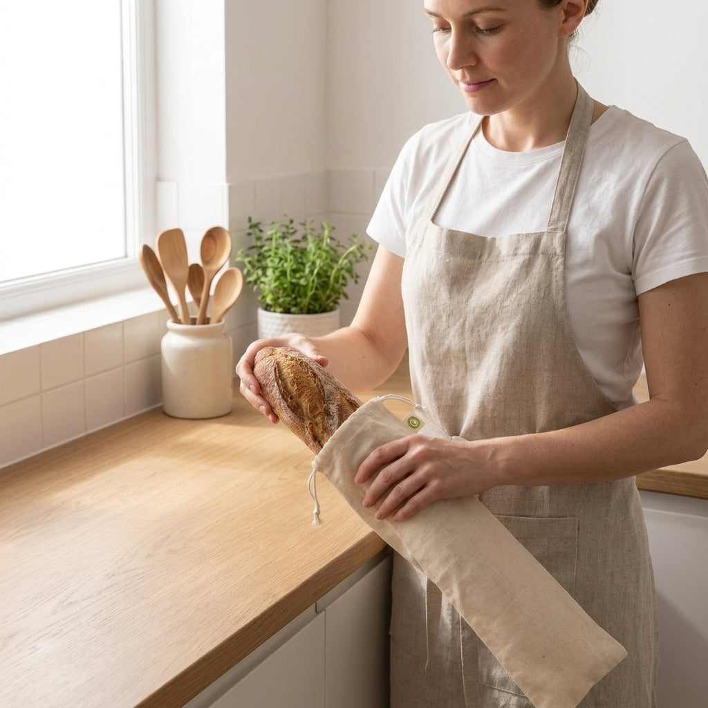 Woman in a kitchen holding bread wrapped in a cloth, with a window and plants in the background.