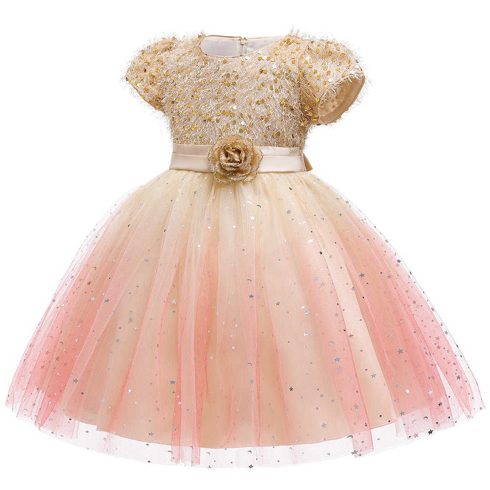 Toddler and Girls Sequins Patched Pattern Floral Tutu Princess Starry Sky