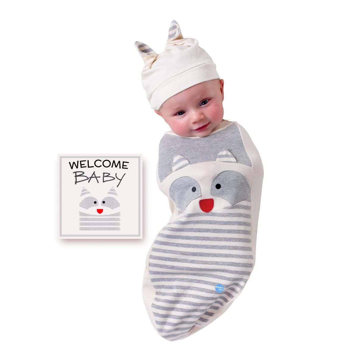 Raccoon Baby - BABYjoe Cocoon Swaddler - Cotton Lycra - newborn to 15 lbs / 3-4 Months - MADE IN USA