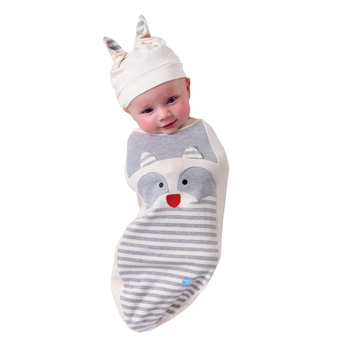 Raccoon Baby - BABYjoe Cocoon Swaddler - Cotton Lycra - newborn to 15 lbs / 3-4 Months - MADE IN USA