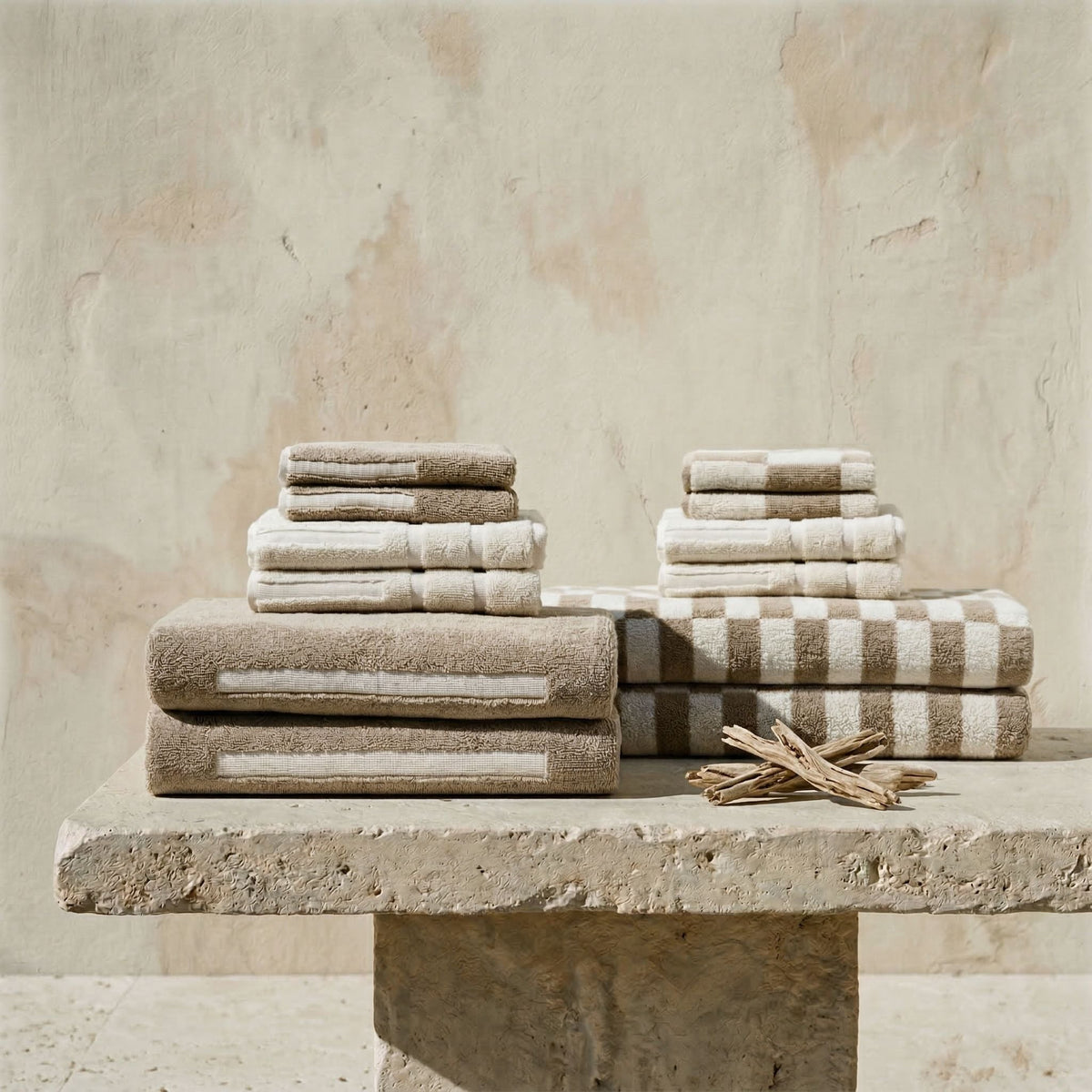 Stack of towels on a stone surface with a neutral background