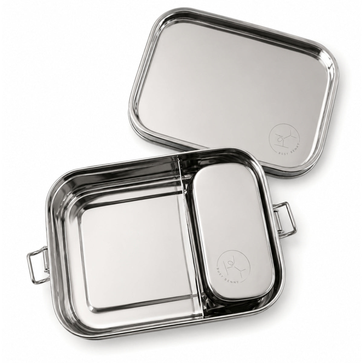 Stainless steel lunch box with lid on a white background