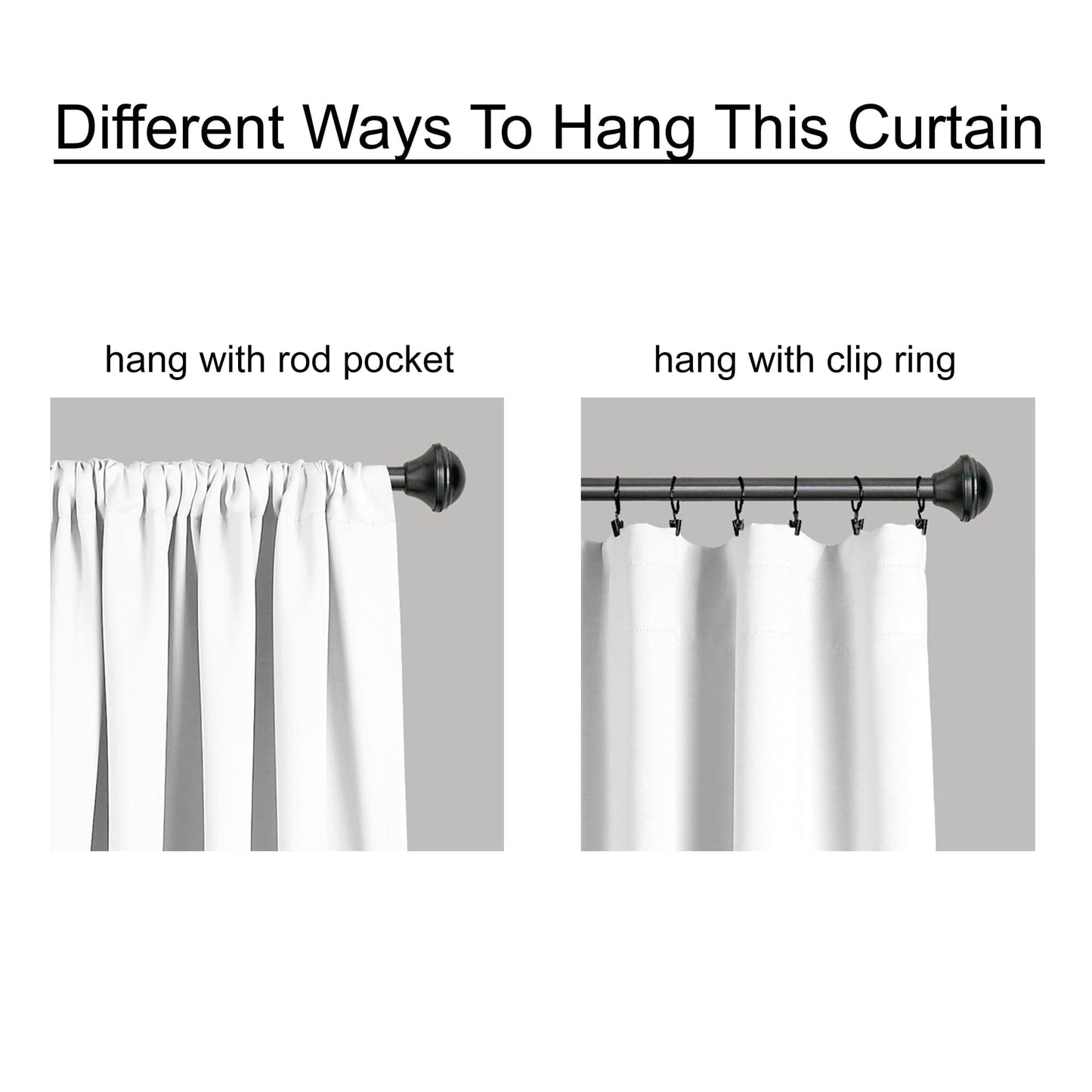 Two methods of hanging a curtain with rod pocket and clip ring on a gray background.