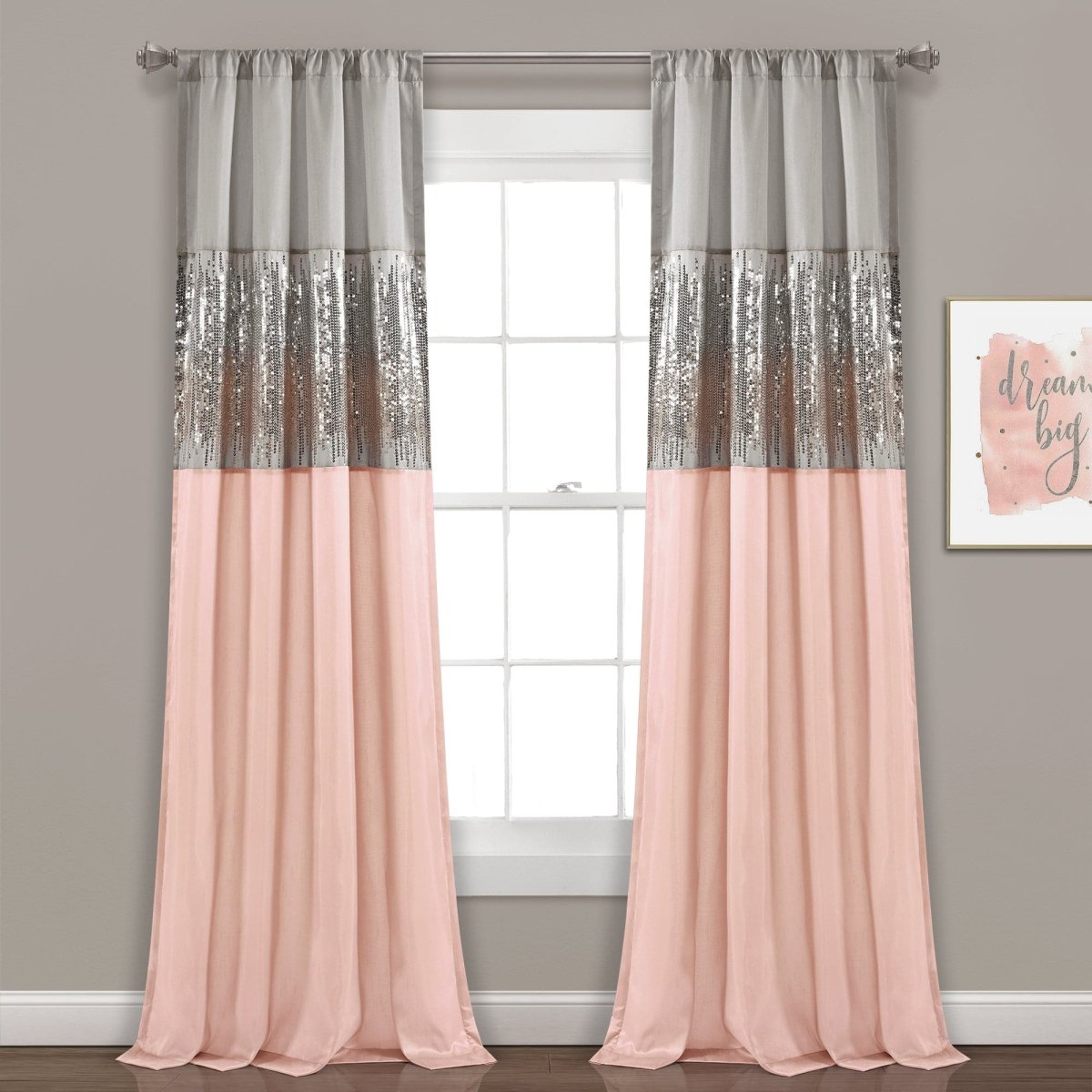 Window with pink blush and gray sequin curtains, framed picture on wall. Shimmery and sparkly sequins curtain panel.