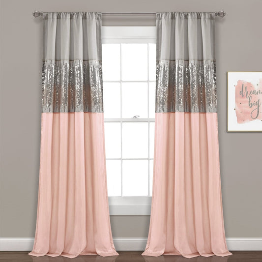 Window with pink blush and gray sequin curtains, framed picture on wall. Shimmery and sparkly sequins curtain panel.