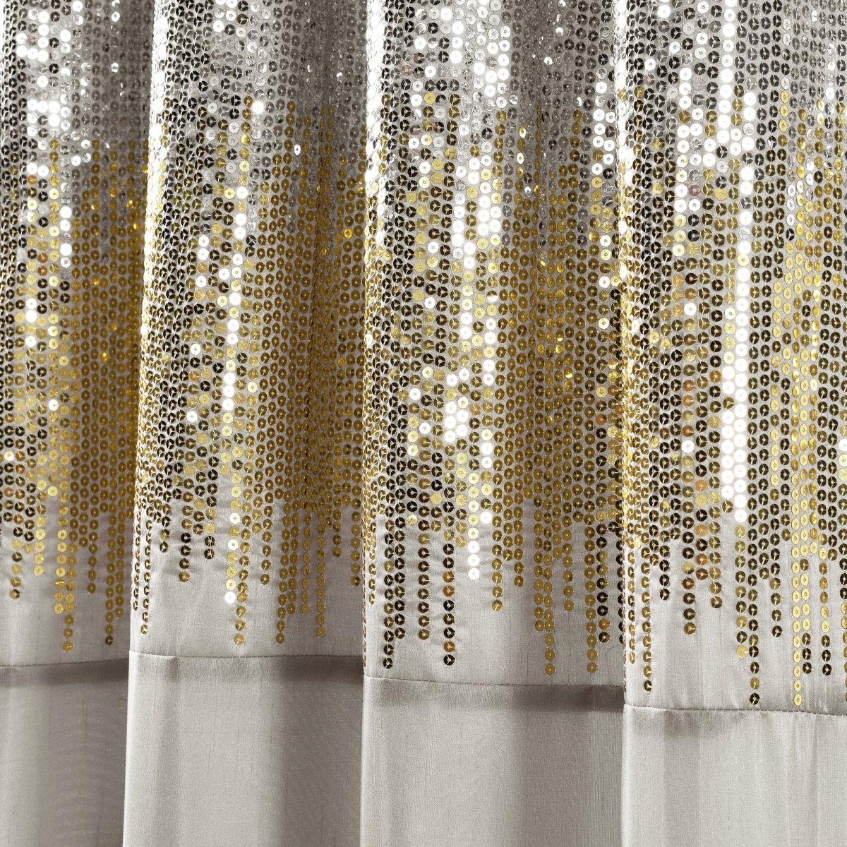 Sheer curtain with gold and silver sequin patterns