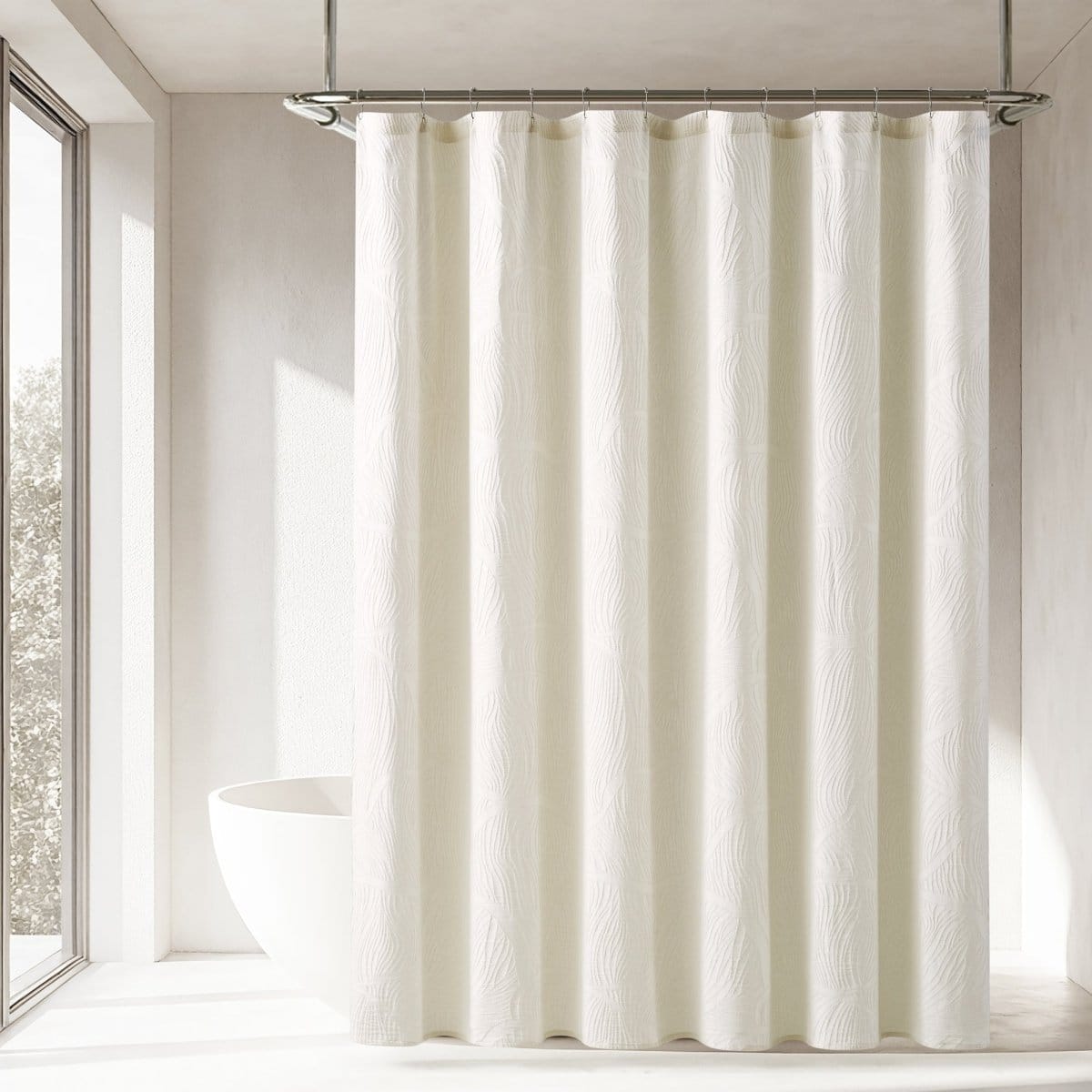 White textured shower curtain in a bathroom setting