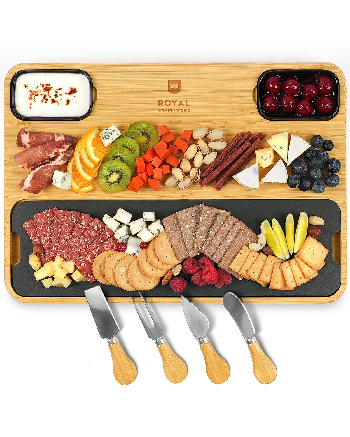 Elegant cheese board with slate plate perfect for entertaining. Premium quality serving platter for charcuterie, appetizers & wine nights. Shop now.