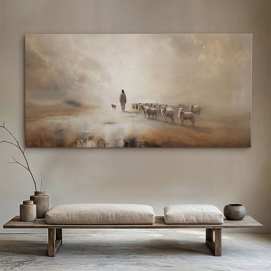 A large horizontal canvas painting of a shepherd with sheep in a misty desert landscape, displayed on a beige wall above a minimalist wooden bench with cushions in a styled interior setting.