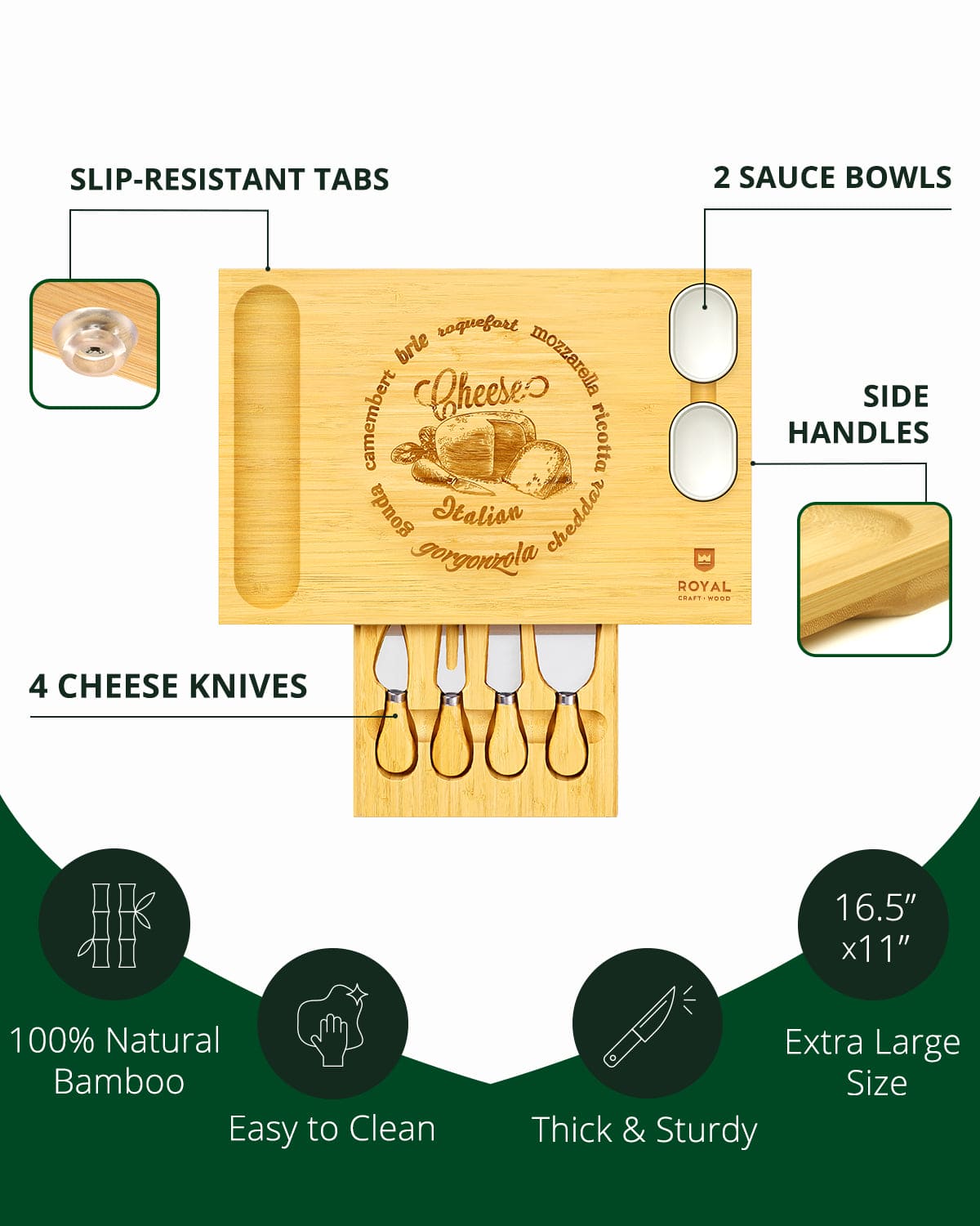 Wooden cheese board set with knives and sauce bowls, featuring slip-resistant tabs and side handles.