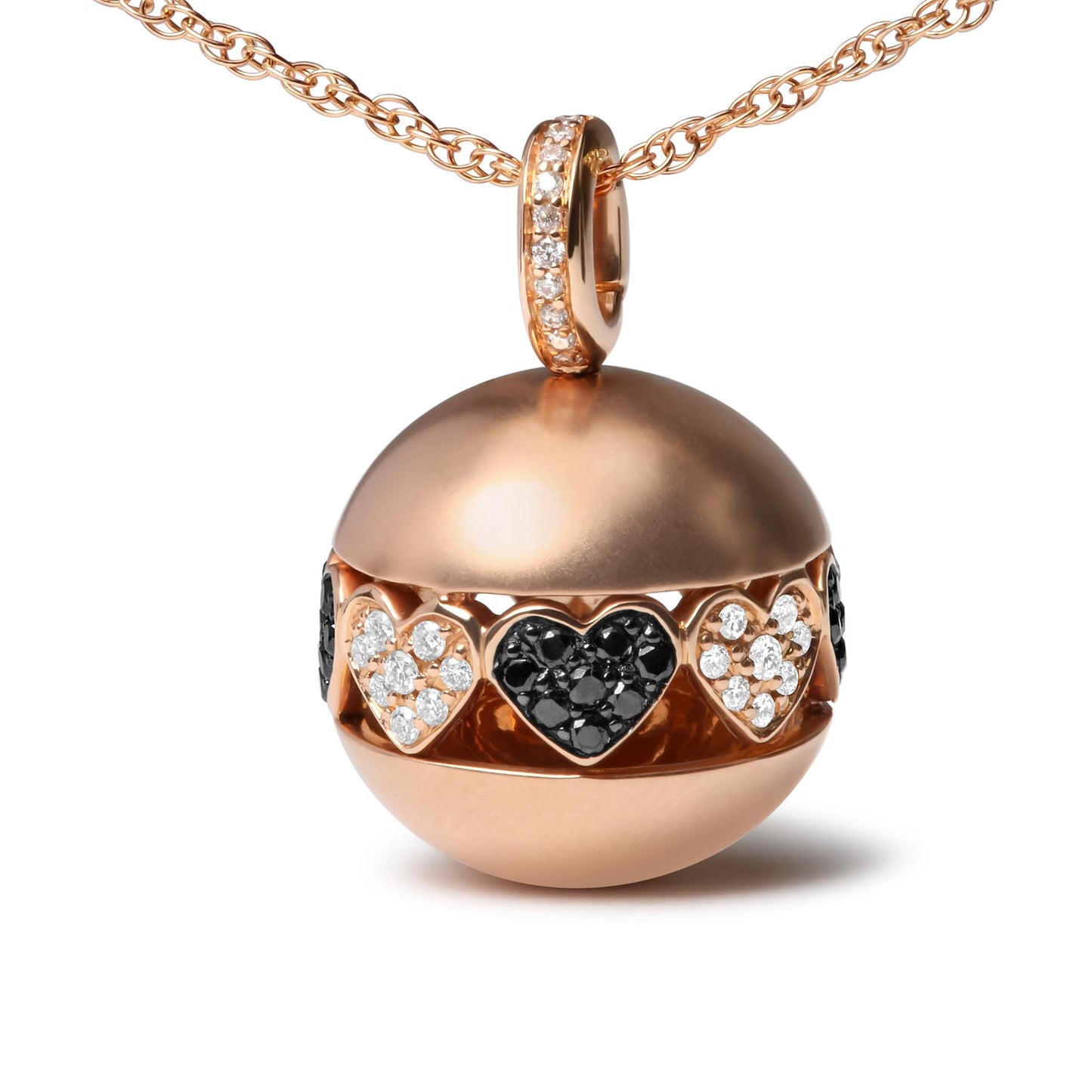 18K Rose Gold 3/8 Cttw Black and White Diamond Filigree Ball Pendant Necklace