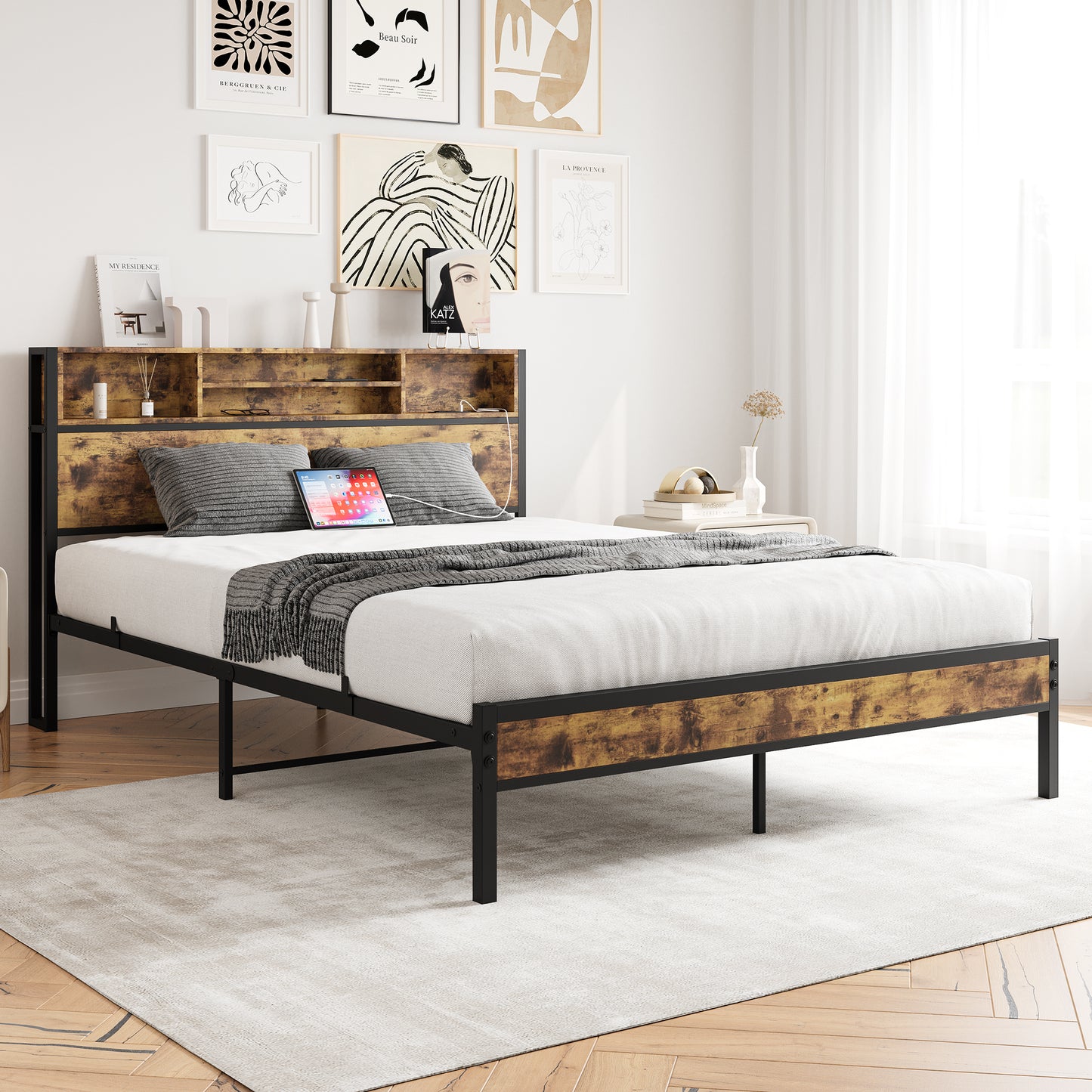 Queen-Sized Quick Assembly Bedframe with Charging Station and Storage_1