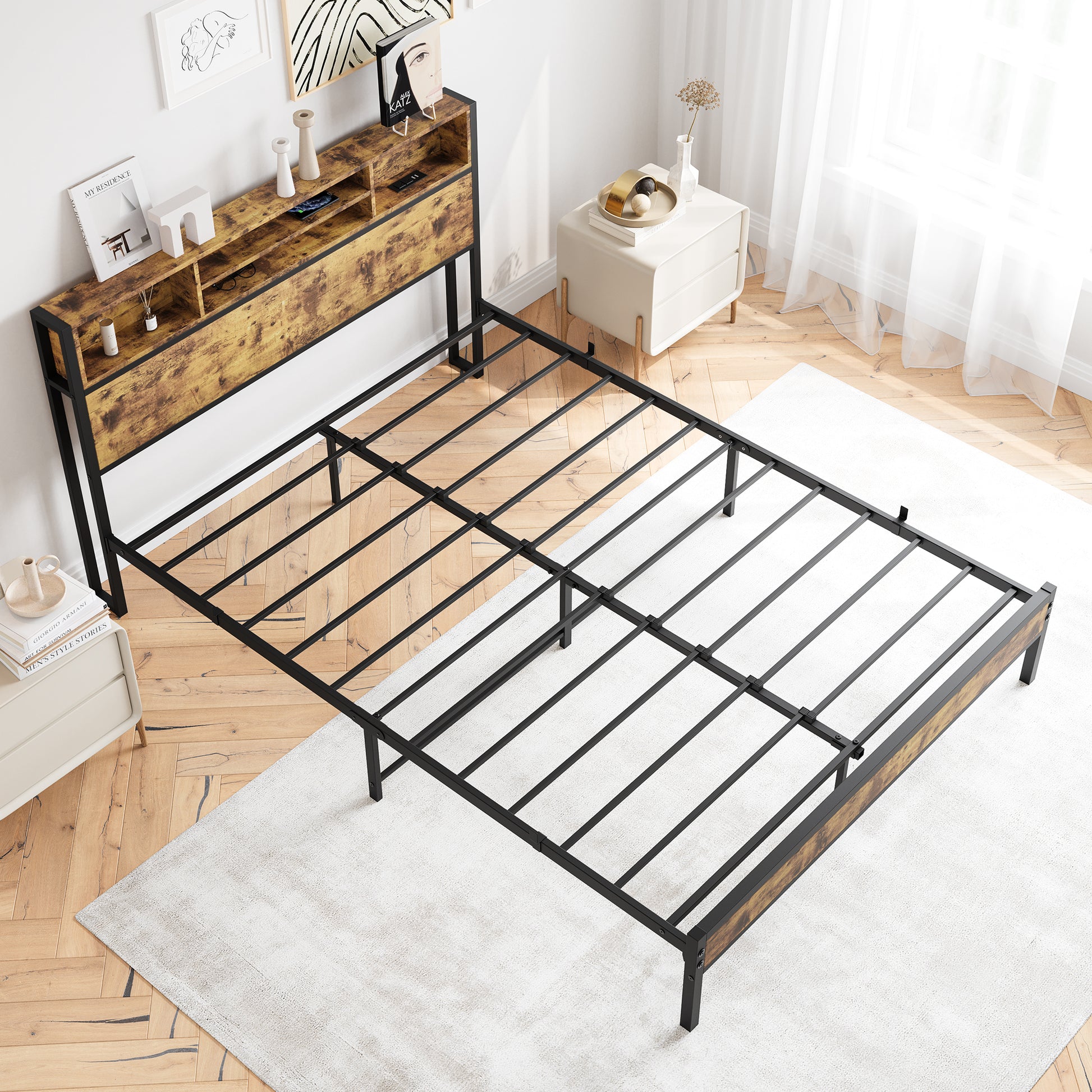 Queen-Sized Quick Assembly Bedframe with Charging Station and Storage_2