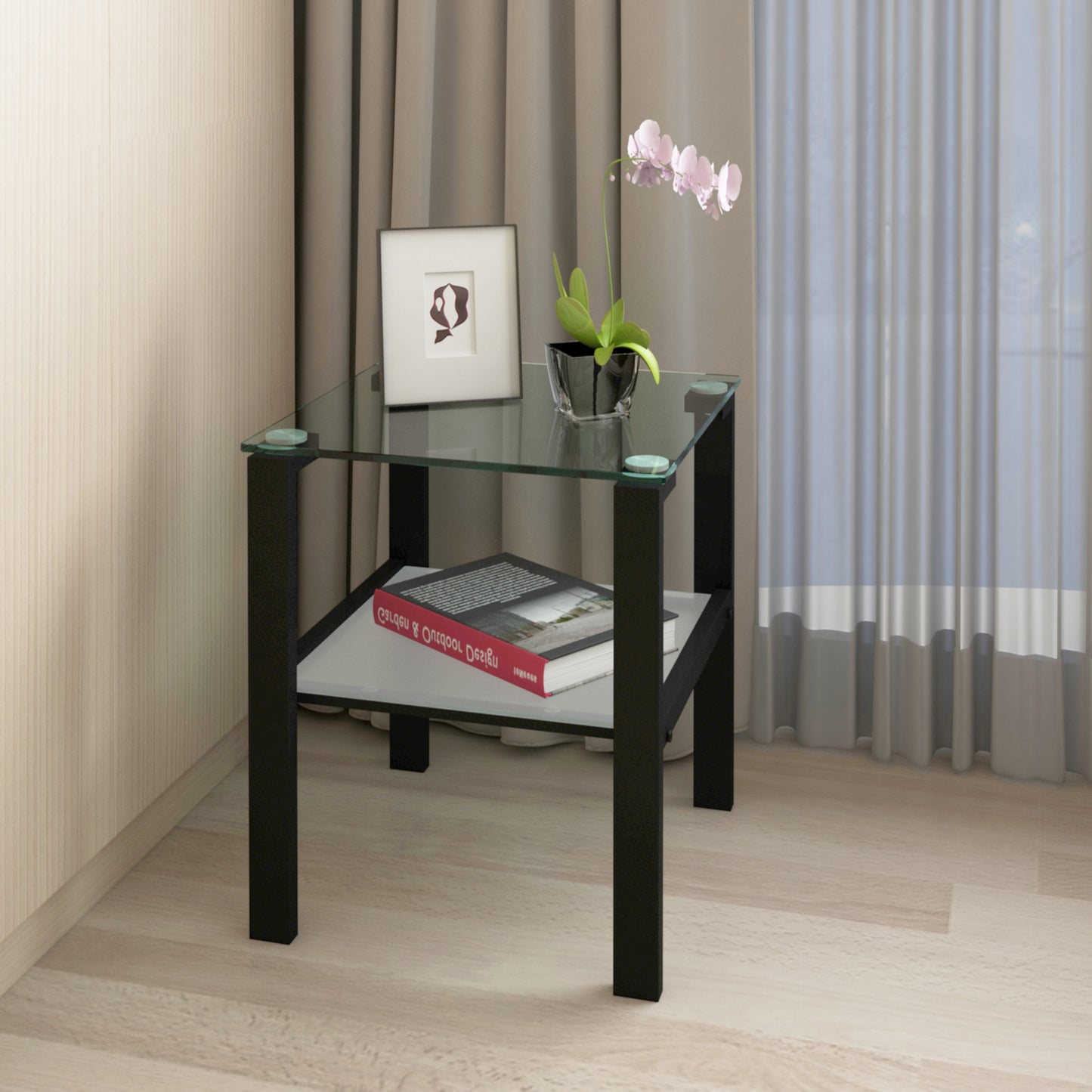 Two Layered Tempered Glass Small Bedroom Corner Home Tea Table- Black_1