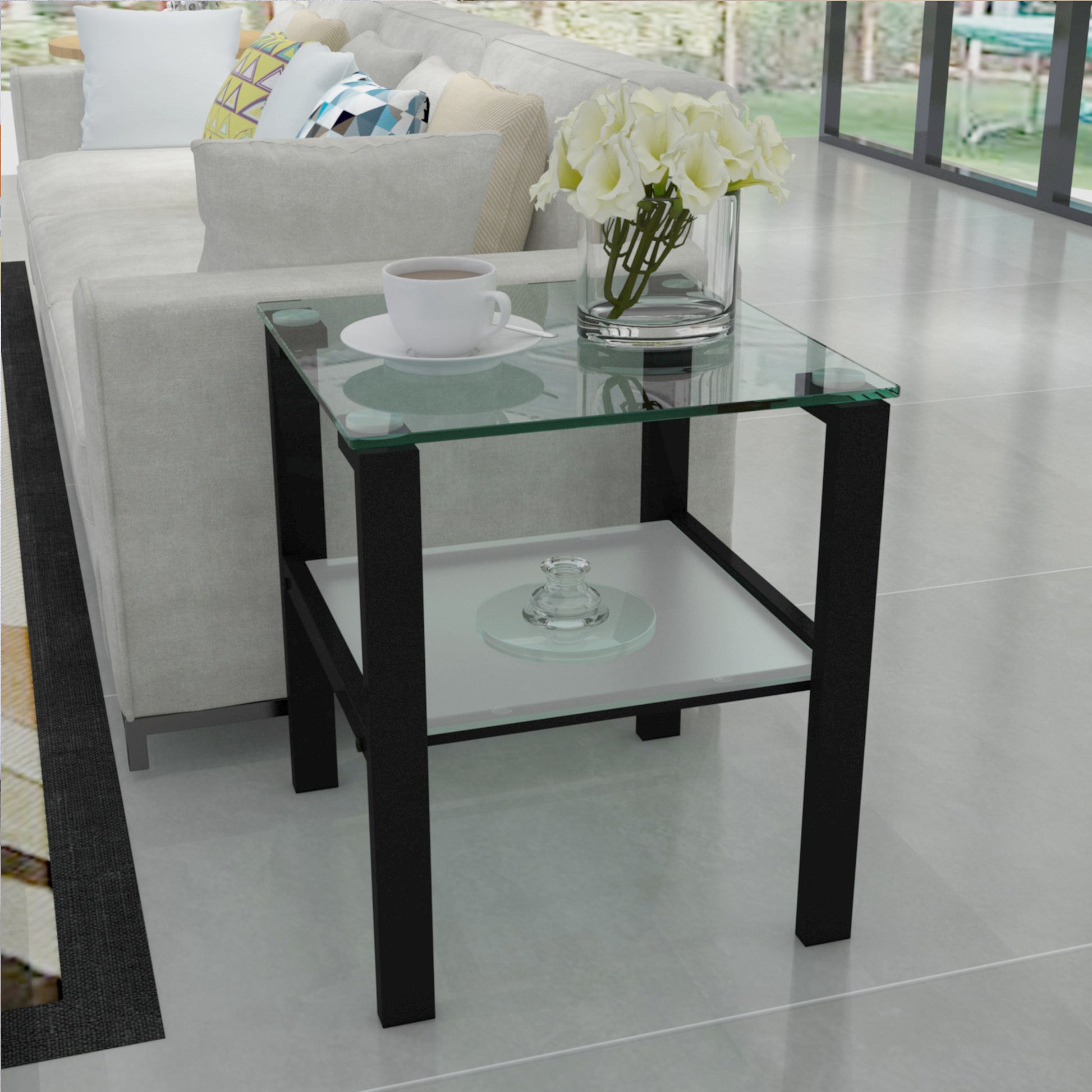 Two Layered Tempered Glass Small Bedroom Corner Home Tea Table- Black_3