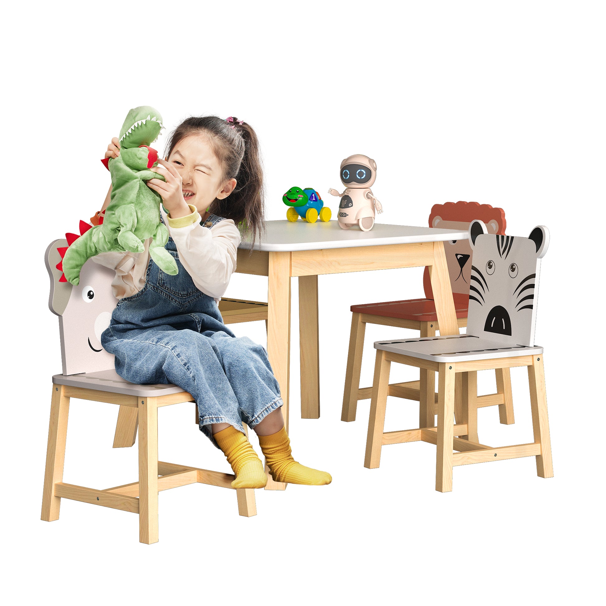 5 Pcs Solid Wood Kiddie Dining and Playing Table and Chair Set- White_2