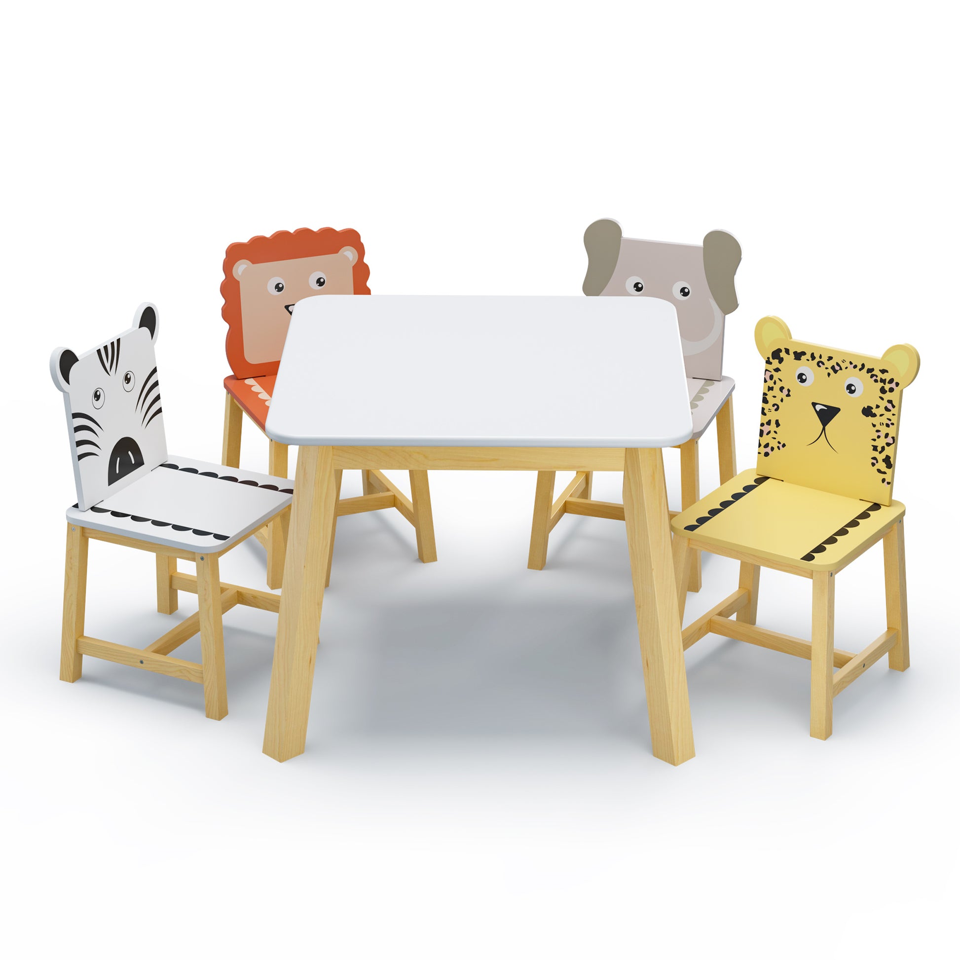 5 Pcs Solid Wood Kiddie Dining and Playing Table and Chair Set- White_8