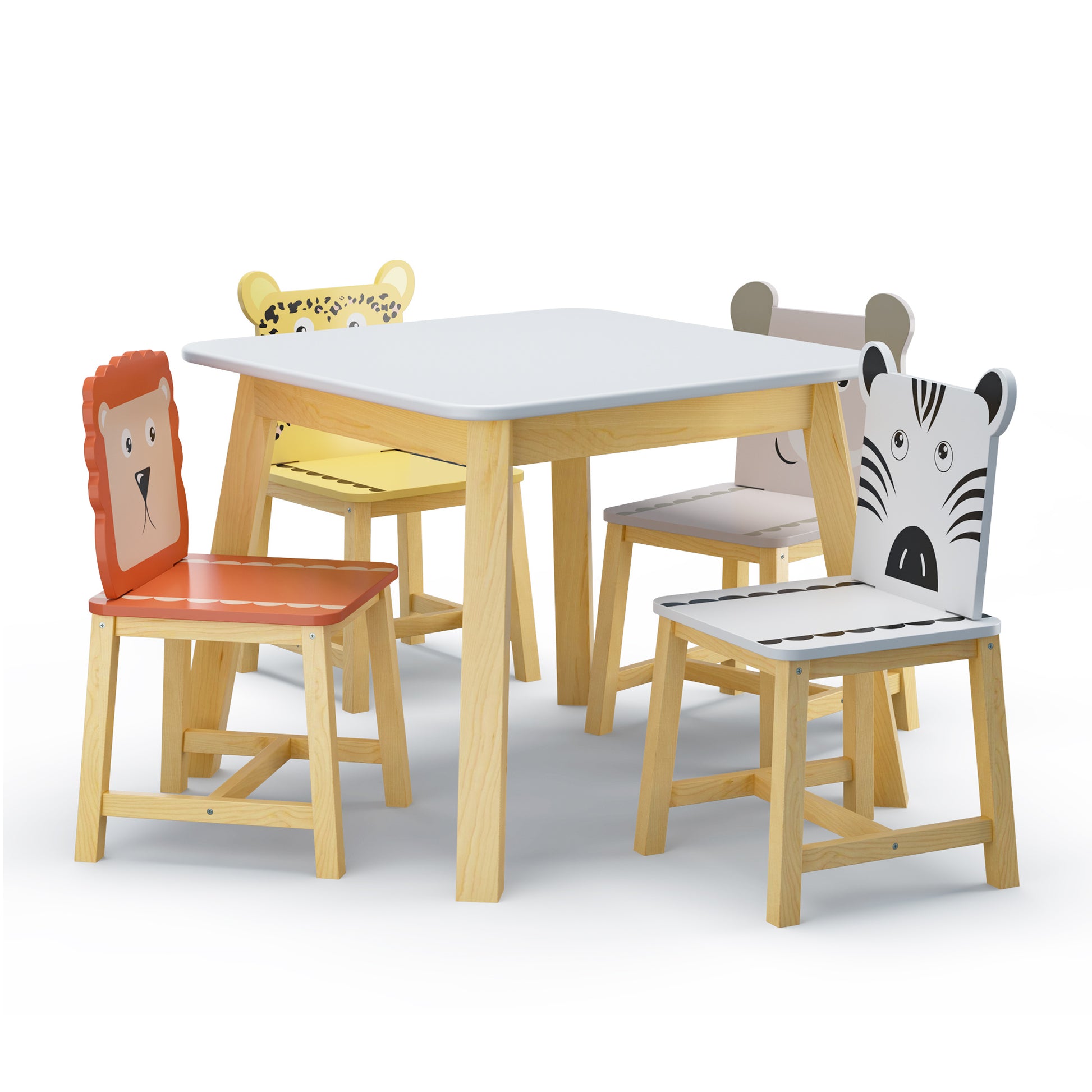 5 Pcs Solid Wood Kiddie Dining and Playing Table and Chair Set- White_3