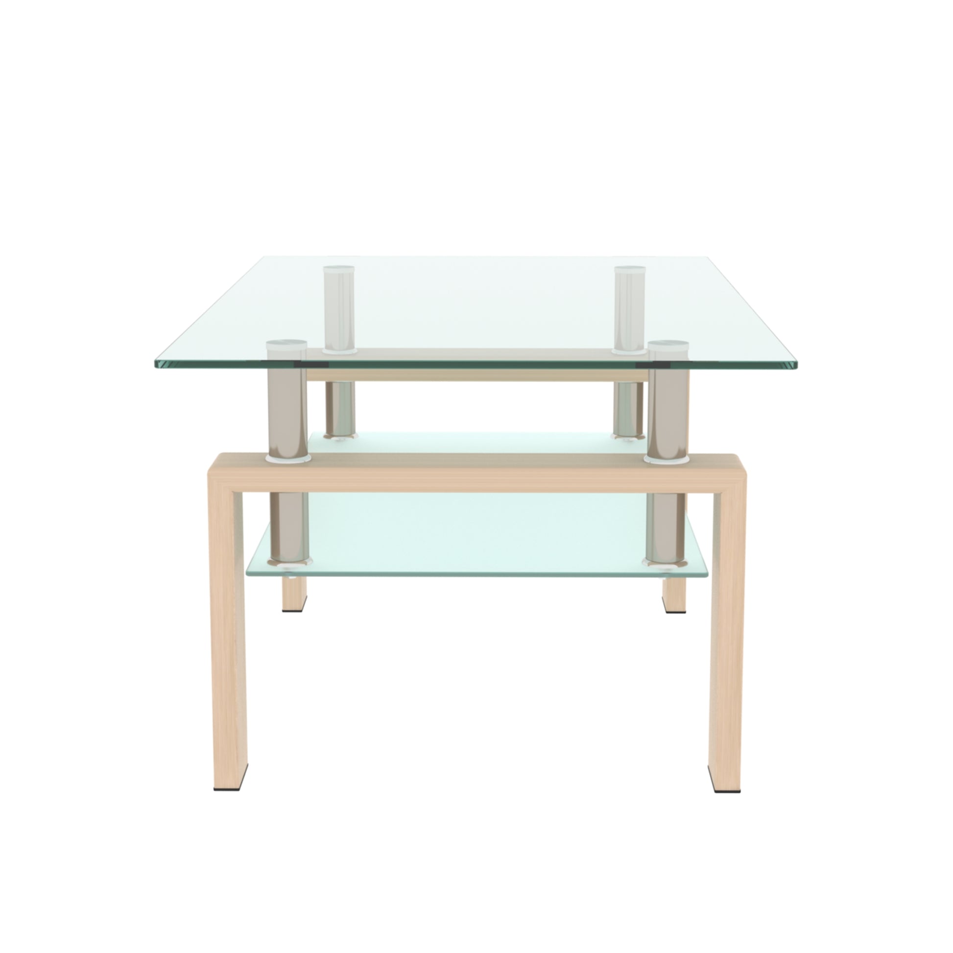 Double Layer Living Room Glass Coffee Table with Metal Legs- Clear Glass+Oak_5