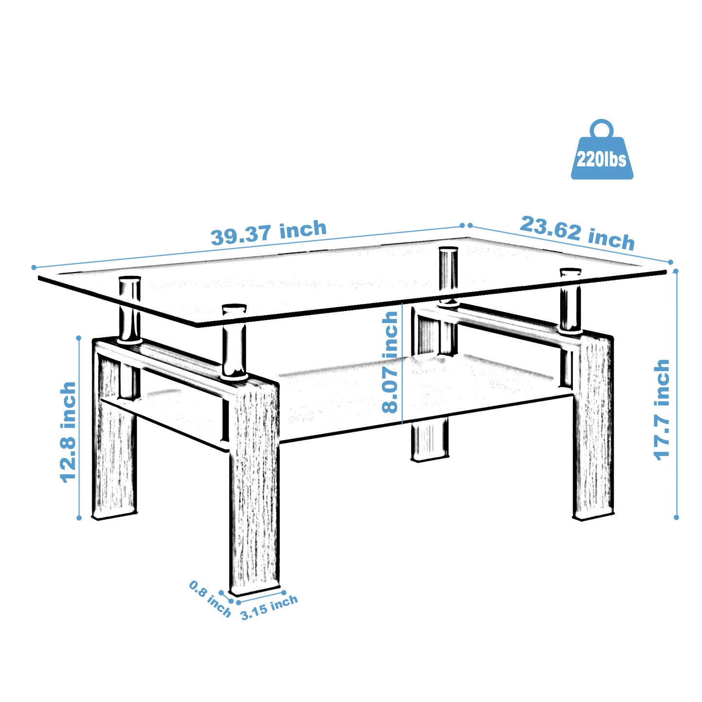 Double Layer Living Room Glass Coffee Table with Metal Legs- Clear Glass+Oak_11