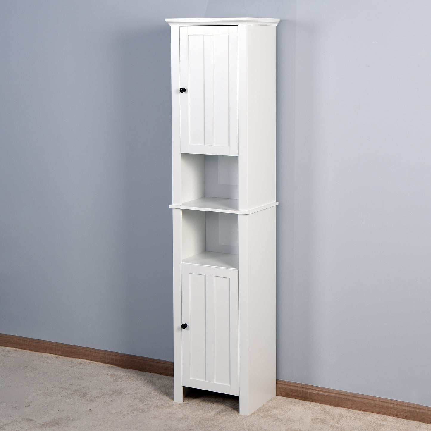 6 Shelves Slim Bathroom Floor Storage and Organizer with 2 Doors- White_1