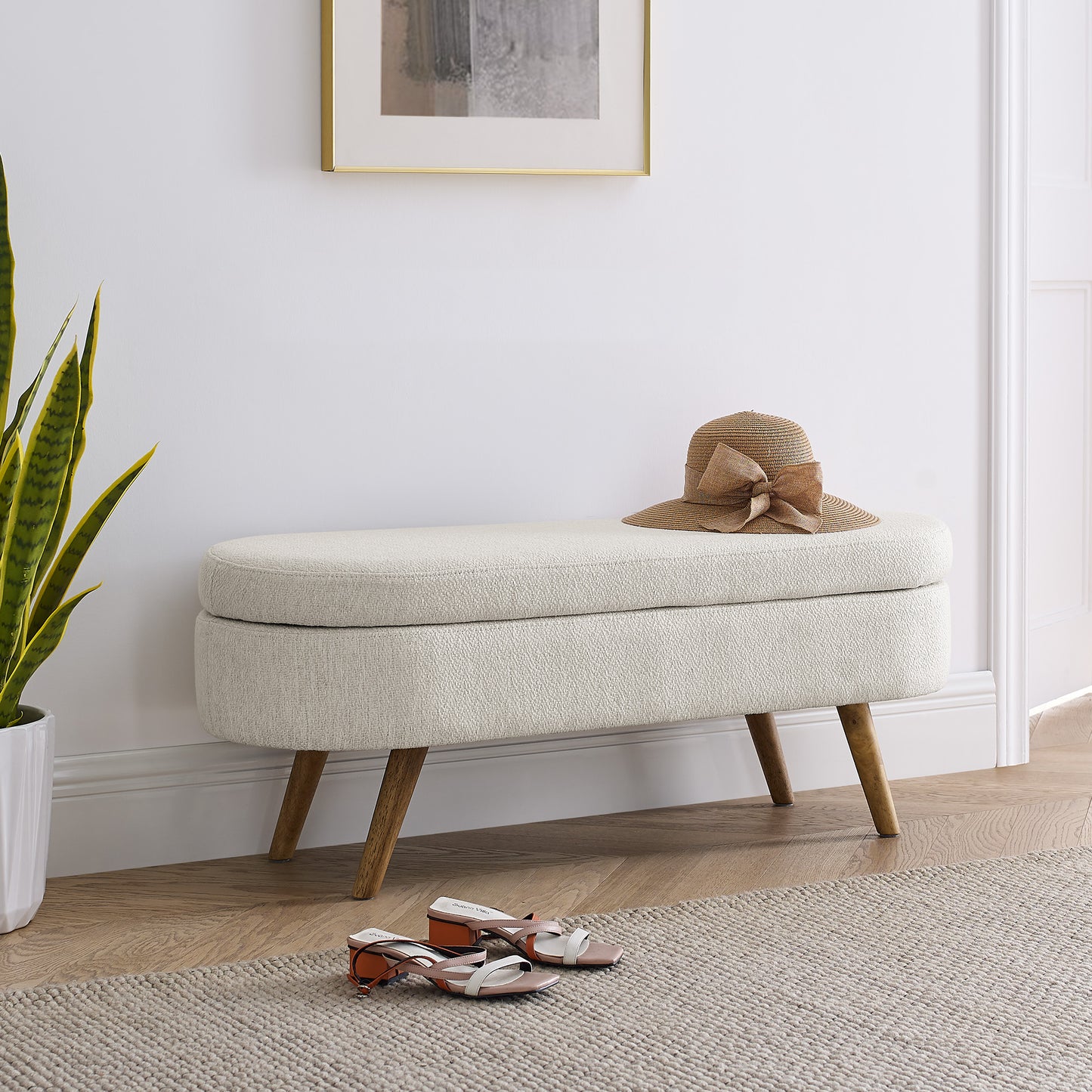 Oval Shaped Ottoman Linen Storage Bench with Wooden Legs- Beige_5