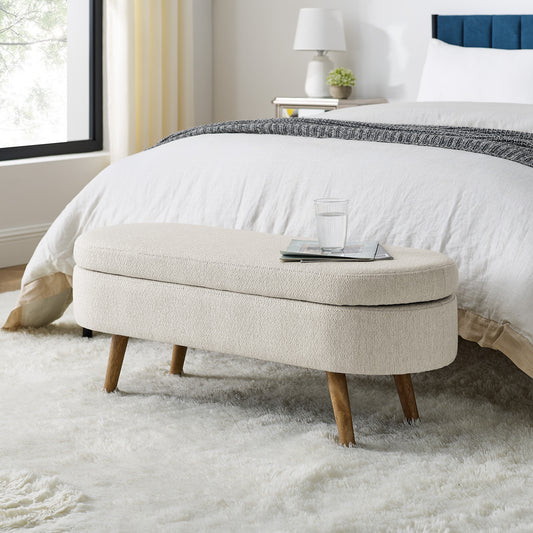 Oval Shaped Ottoman Linen Storage Bench with Wooden Legs- Beige_0