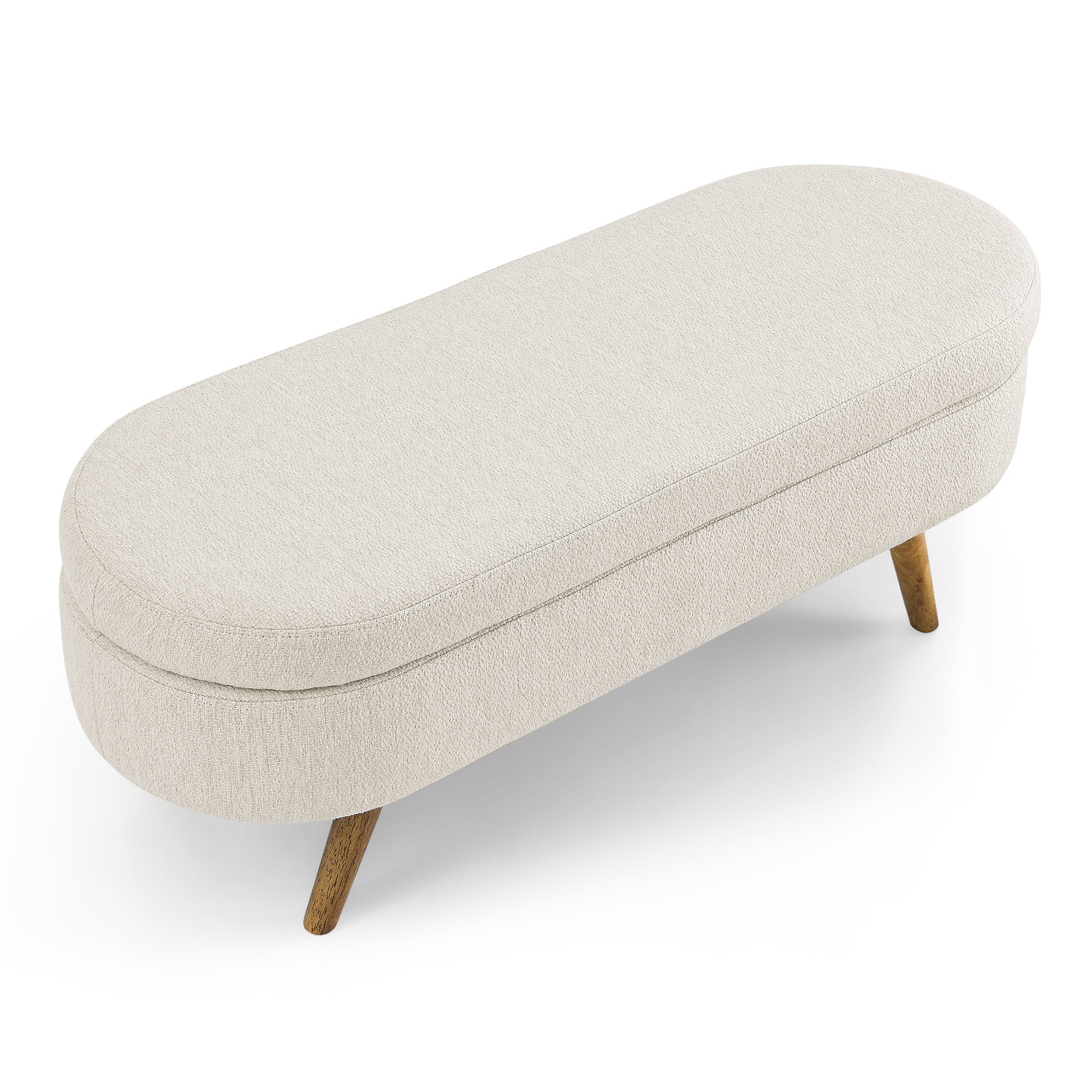 Oval Shaped Ottoman Linen Storage Bench with Wooden Legs- Beige_6